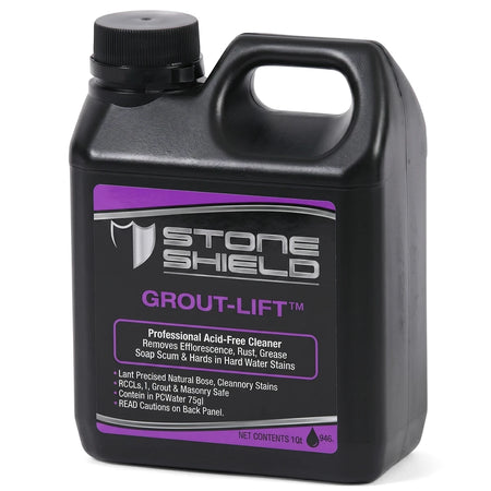 Lift Grout Cleaner in a black plastic bottle with purple and silver Stone Shield label, side view.