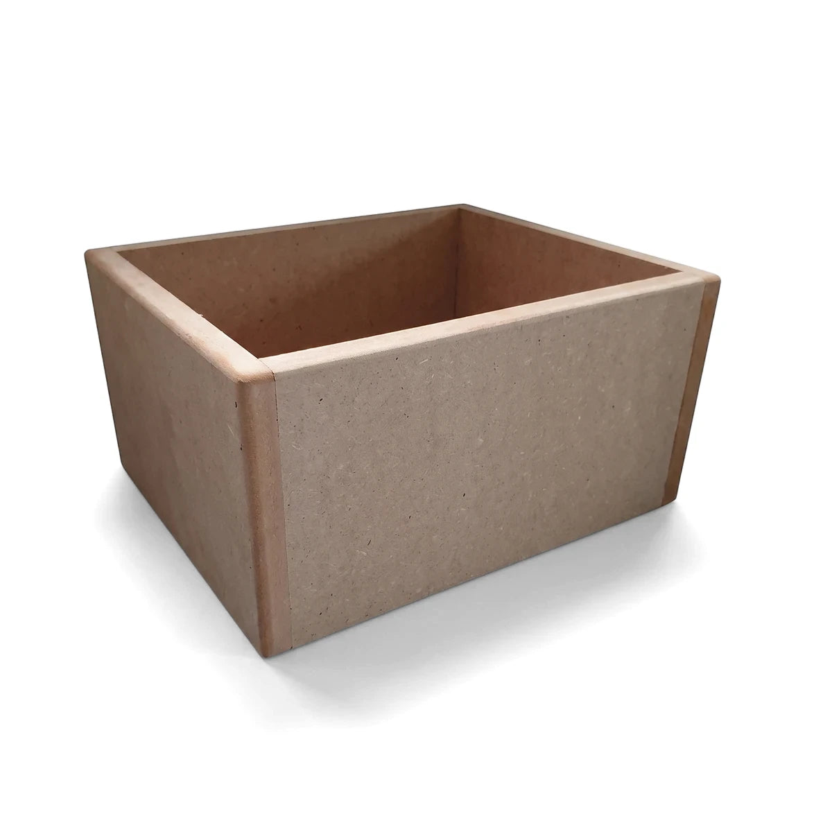 Angled view of a light brown rectangular wooden crate, made from MDF, suitable for storage or display in home or office.