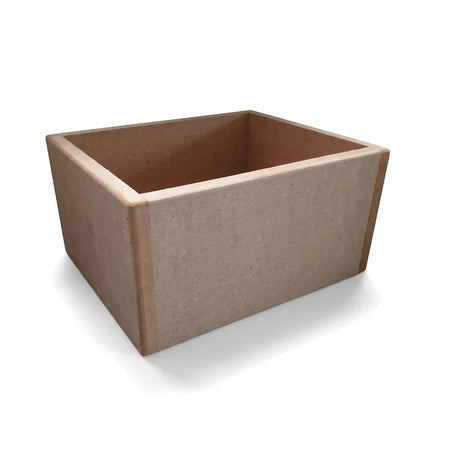 Angled view of a light brown rectangular wooden crate, made from MDF, suitable for storage or display in home or office.