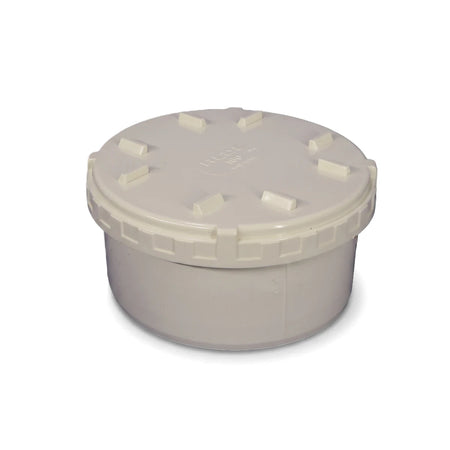 Light grey 160mm PVC solvent weld access stopend, a round plumbing fitting with a removable lid, shown from an elevated