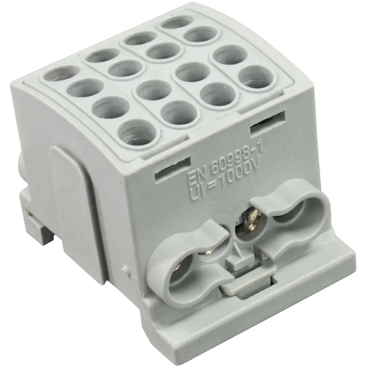Light grey polymide interlockable terminal block with multiple connection points, rated for 1000V, designed for Din Rail