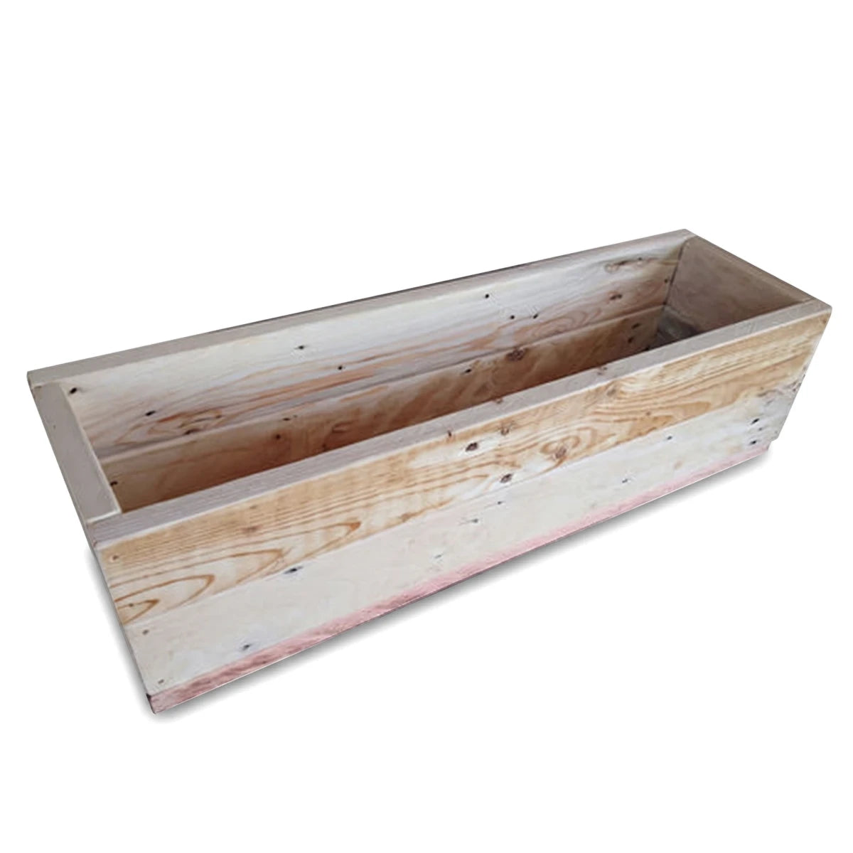 Light-colored wooden rectangular planter box for gardening and home decor, shown from an elevated angled view.