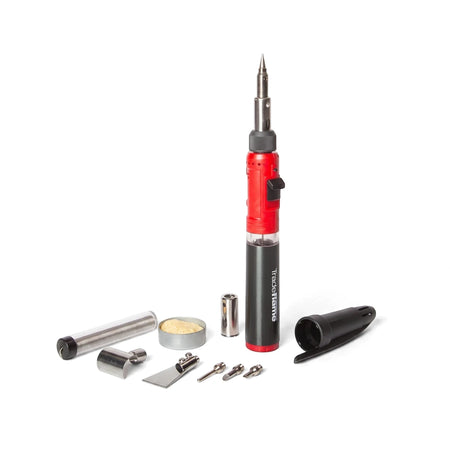 Lightweight Micro-Flame Torch Kit with red and black torch, multiple metal soldering tips, and solder for electronics work.