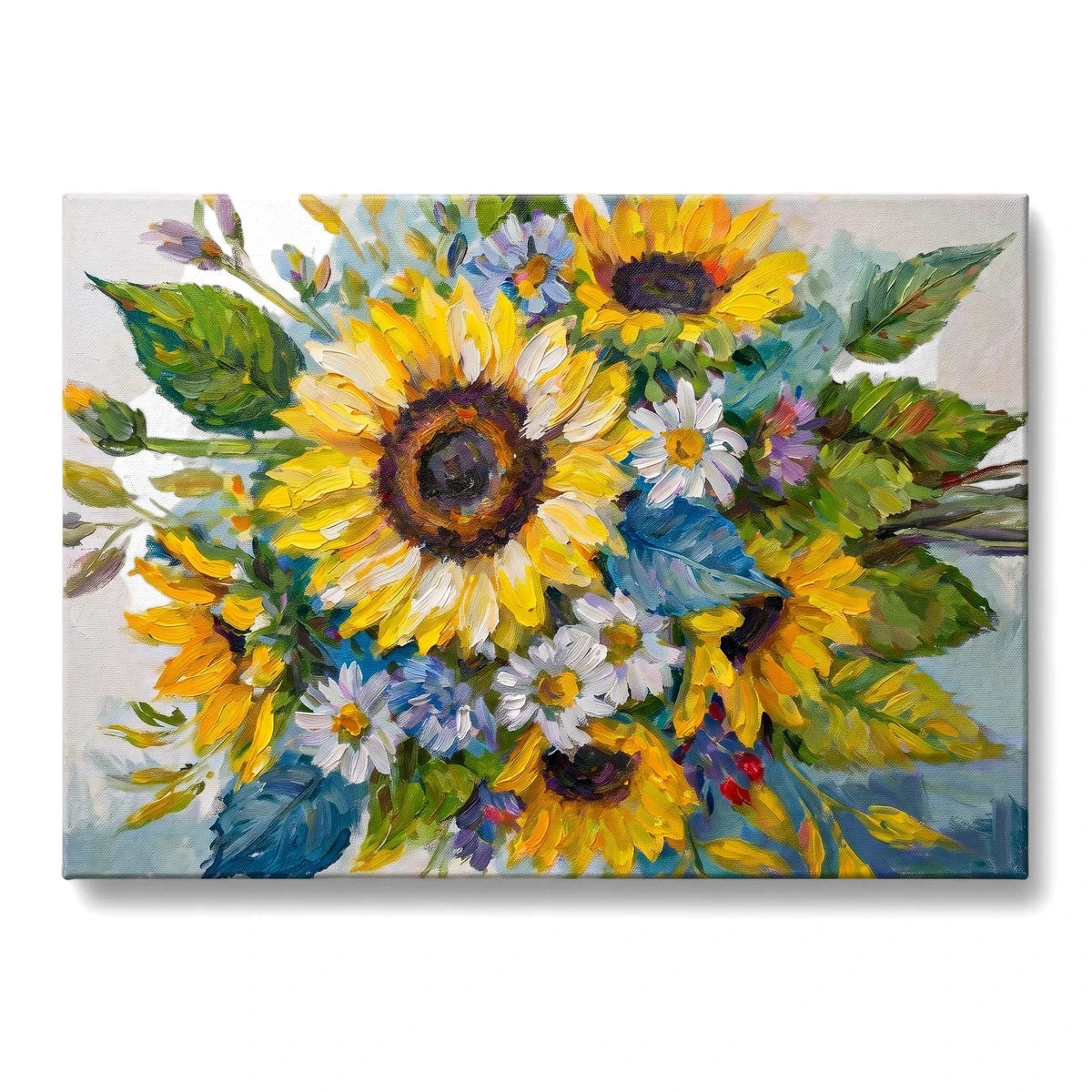 Oil painting style decoupage sheet featuring a vibrant bouquet of yellow sunflowers and white daisies.