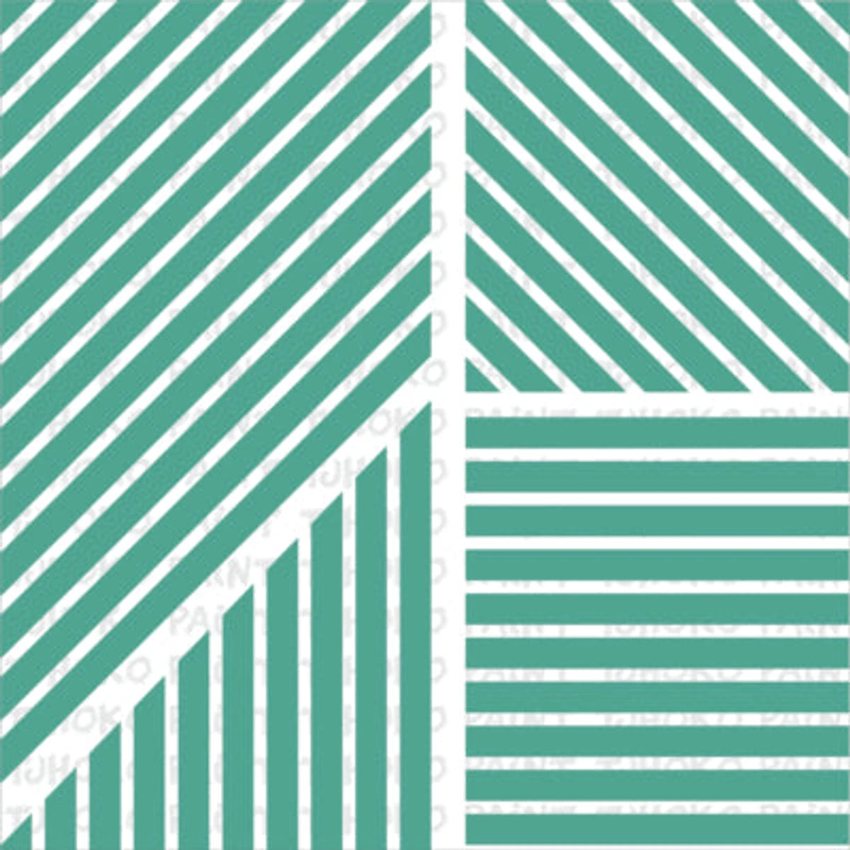 Geometric paint stencil with teal stripes in diagonal, vertical, and horizontal patterns across four distinct quadrants.