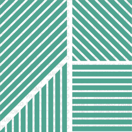 Geometric paint stencil with teal stripes in diagonal, vertical, and horizontal patterns across four distinct quadrants.