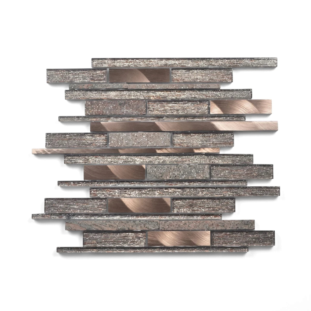 Linear copper and graphite mosaic tile with varied metallic textures and an irregular brick pattern, suitable for modern