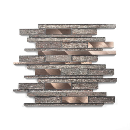 Linear copper and graphite mosaic tile with varied metallic textures and an irregular brick pattern, suitable for modern