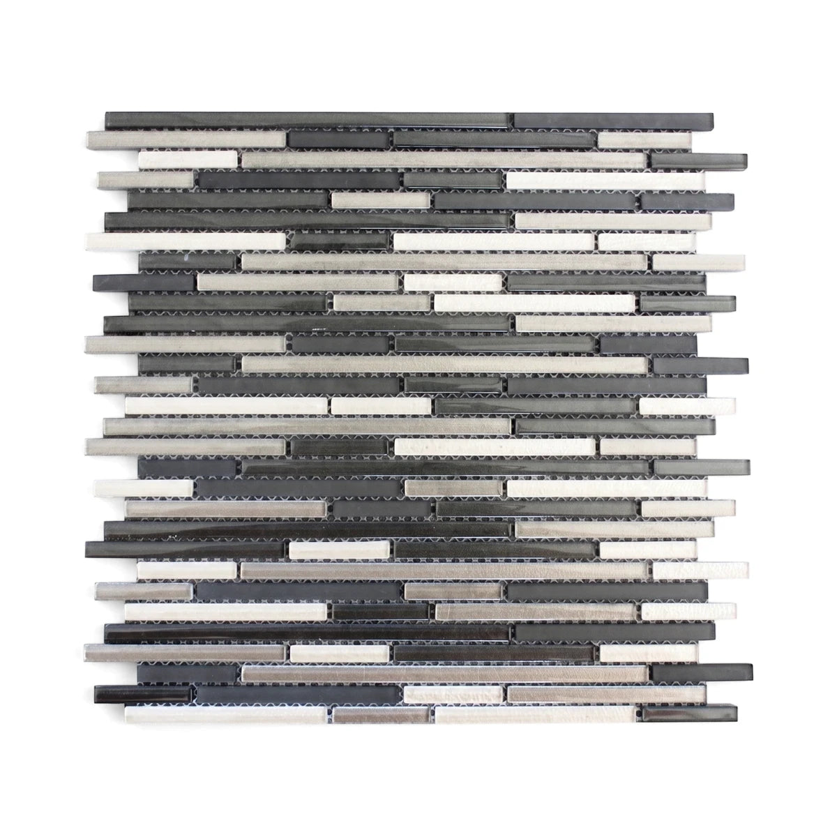 Linear Light Mix Mosaic Tile featuring white, light gray, dark gray, and silver rectangular pieces in a random pattern.
