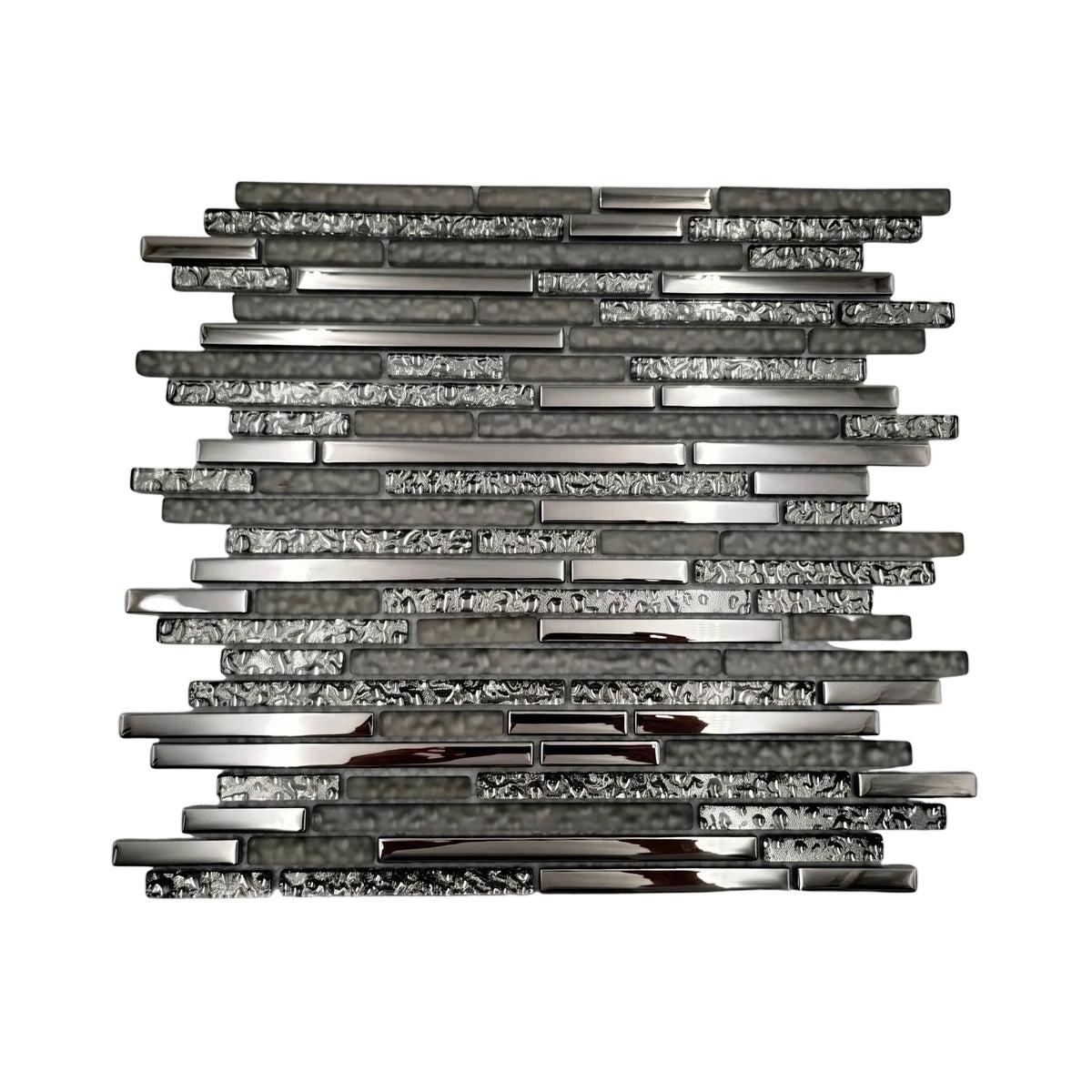 Dark grey Linear Perceptions mosaic tile featuring rectangular glass and metallic pieces with varying smooth and textured