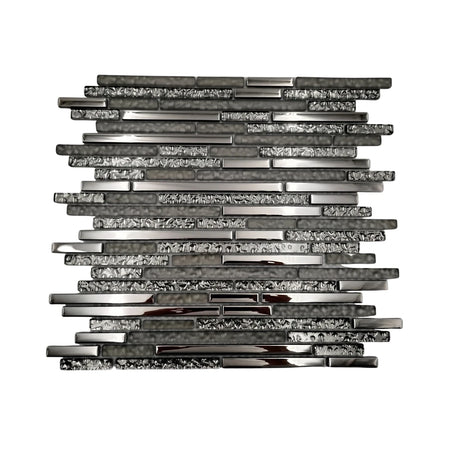 Dark grey Linear Perceptions mosaic tile featuring rectangular glass and metallic pieces with varying smooth and textured