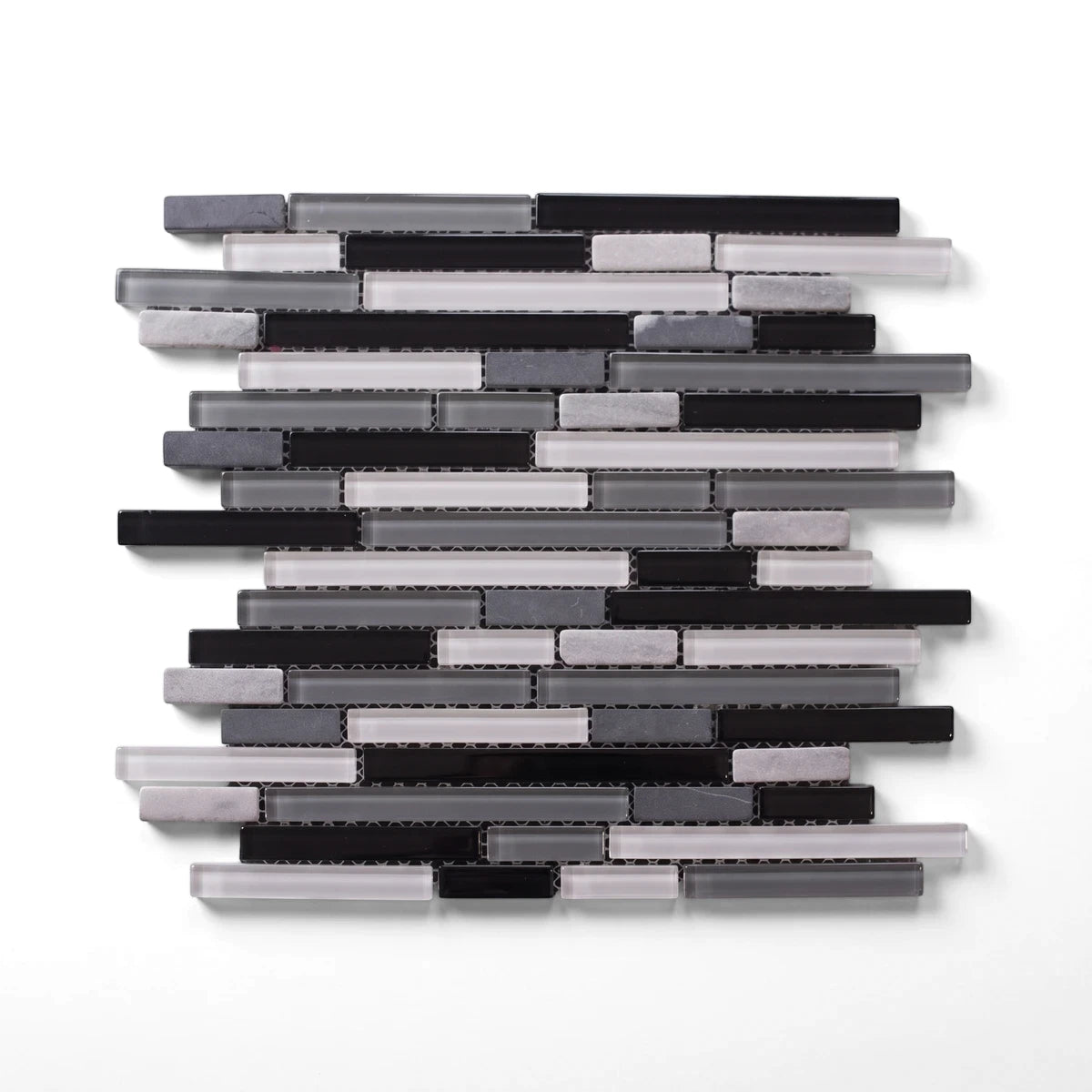 Linear Variety Grey Mix Mosaic Tile featuring rectangular glass and stone pieces in black, various shades of gray, and white.