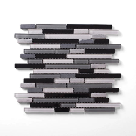Linear Variety Grey Mix Mosaic Tile featuring rectangular glass and stone pieces in black, various shades of gray, and white.