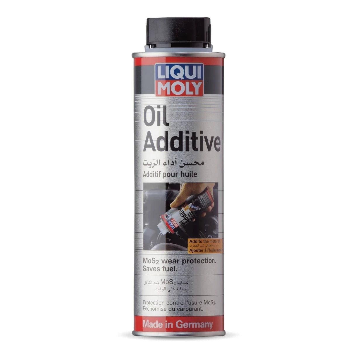 Liqui Moly Oil Additive bottle with silver body, black cap, and red, blue, and white label detailing wear protection and