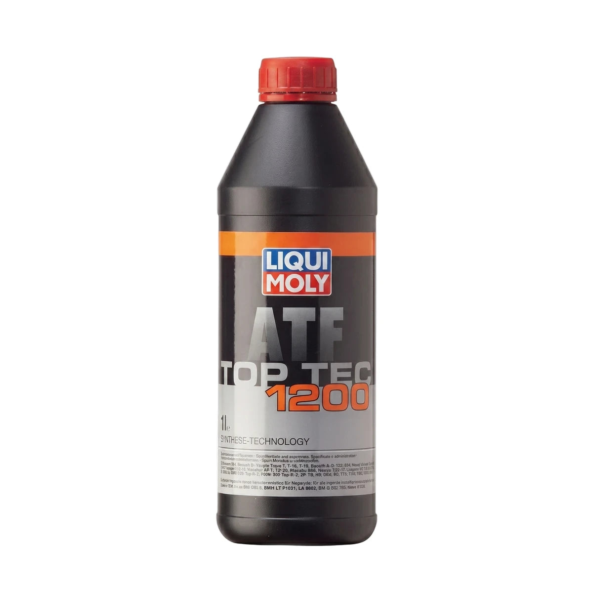 Liqui Moly Top Tec ATF 1200 1L transmission fluid in a black bottle with a red cap and orange label, presented upright.