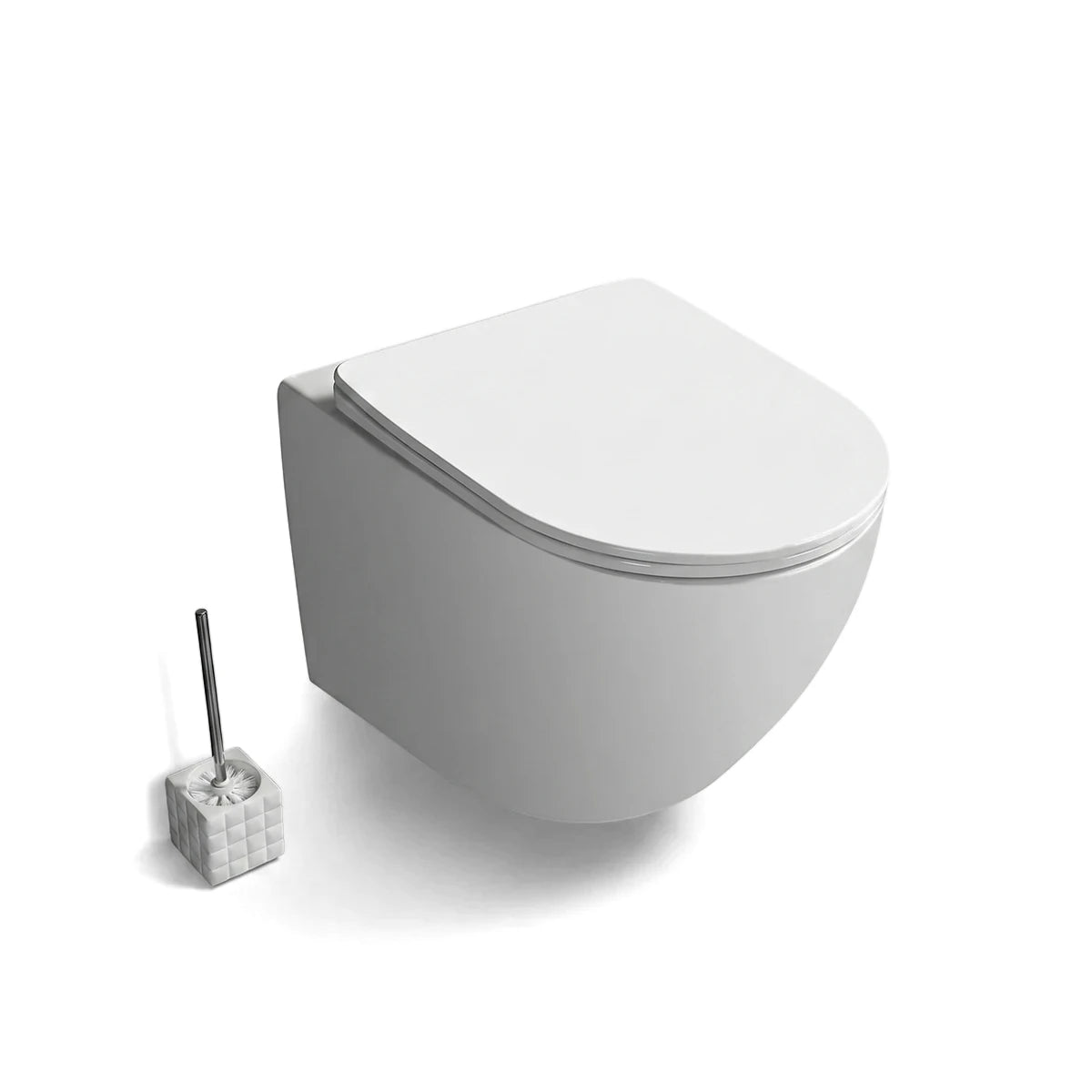 White Lisa Wall-Hung Toilet Pan & Seat with a soft-close lid, accompanied by a toilet brush, in a modern bathroom.
