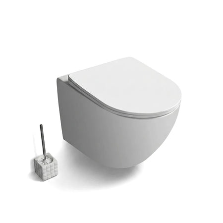 White Lisa Wall-Hung Toilet Pan & Seat with a soft-close lid, accompanied by a toilet brush, in a modern bathroom.