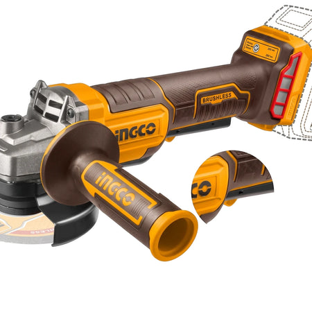 Yellow and black Lithium-ion Cordless angle grinder (20V) with a side handle, featuring a grinding disc attachment.
