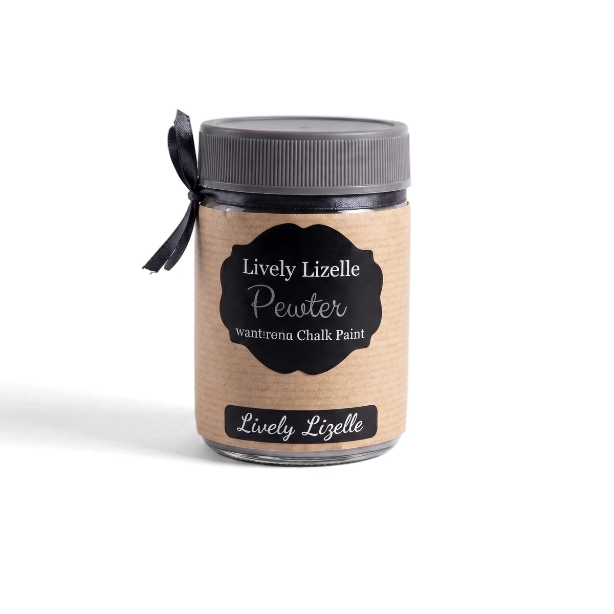 Lively Lizelle 250ml Chalk Paint in a clear glass jar with a dark gray lid and black ribbon, featuring a light brown and
