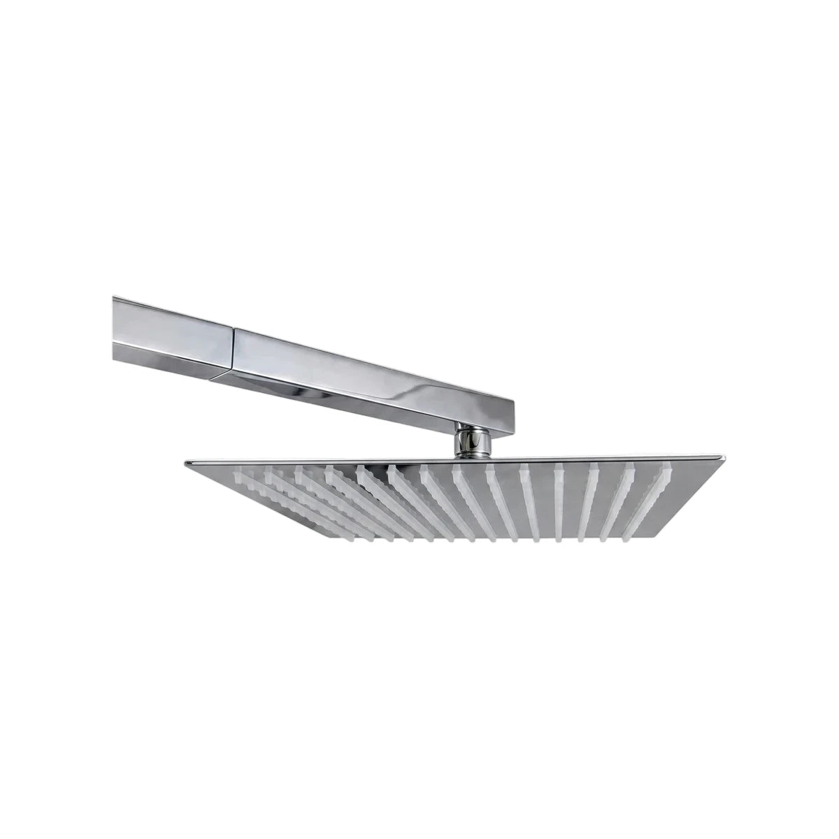 Lluvia heavy duty square chrome shower head with slatted design, mounted on a sleek arm, viewed from below.