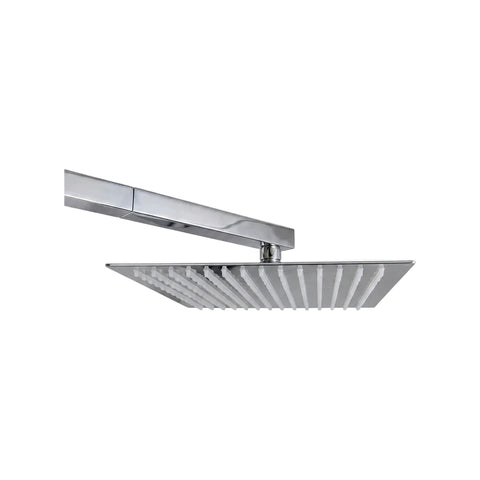 Lluvia heavy duty square chrome shower head with slatted design, mounted on a sleek arm, viewed from below.
