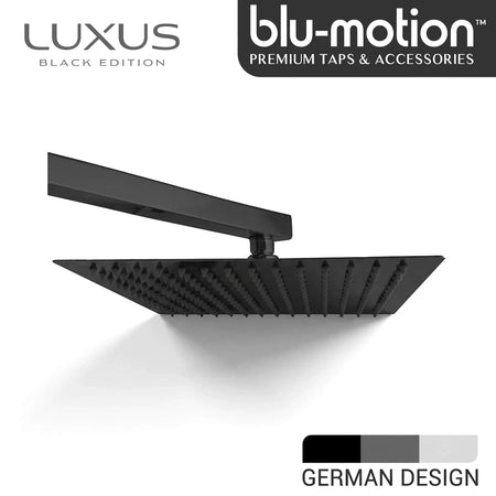 Black square rain shower head with a sleek matte finish and mounting arm, part of the Lluvia Nut plumbing collection.