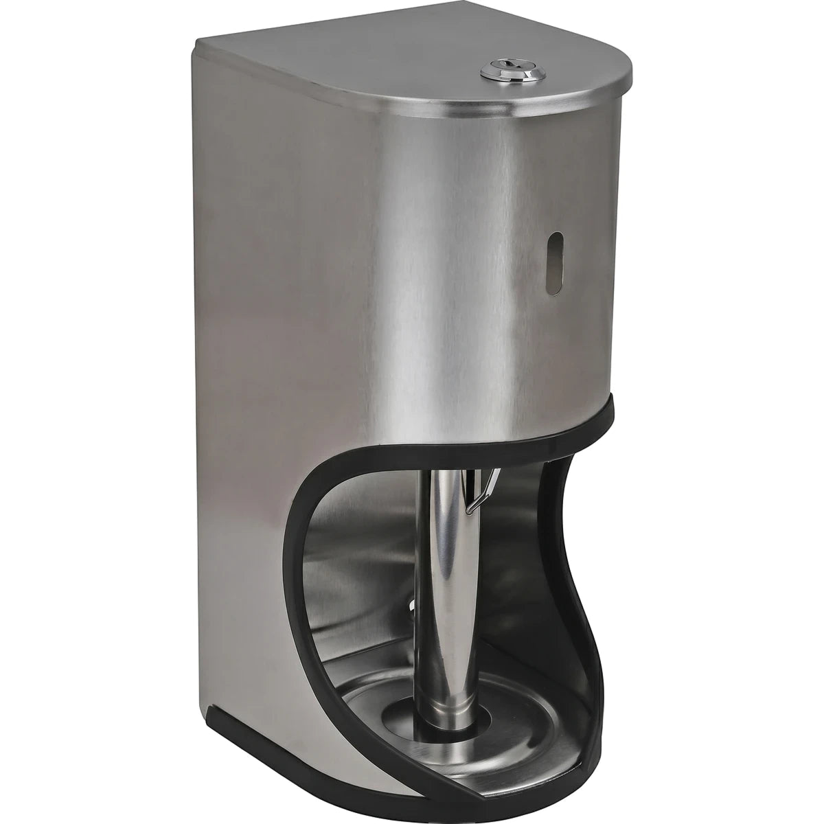 Lockable stainless steel toilet paper holder designed for two rolls, shown from a slightly angled front view.