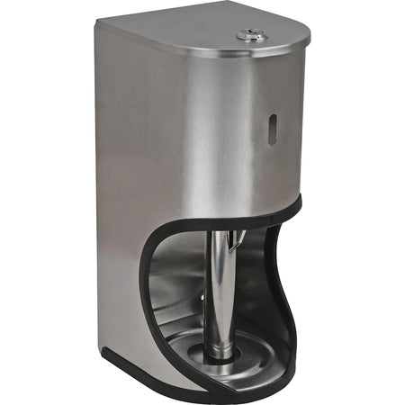 Lockable stainless steel toilet paper holder designed for two rolls, shown from a slightly angled front view.