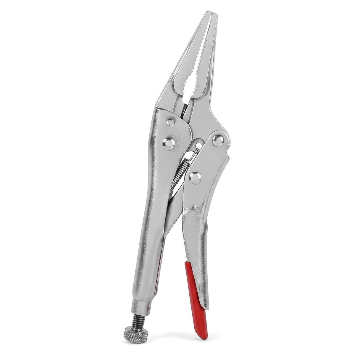 A 150mm silver locking pliers with red handle grip, standing upright and viewed from a slight angle.