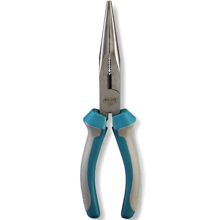 Long nose pliers with silver jaws and blue and grey ergonomic handles, ideal for precision tasks and electrical work.