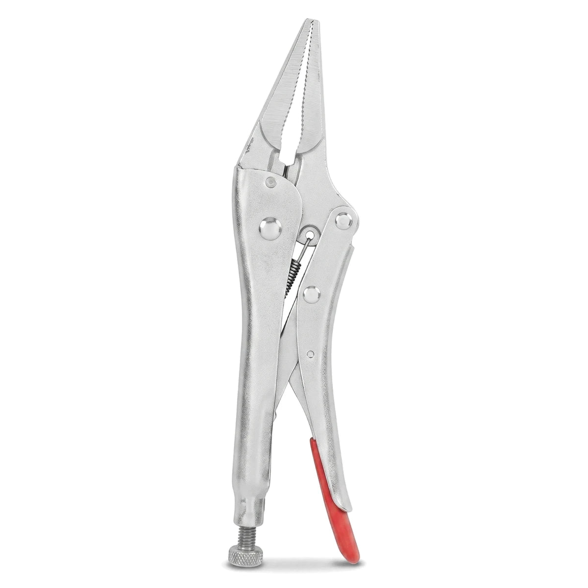 Silver metallic 225mm long nose vice grip with a red handle, a sturdy and versatile clamping tool.