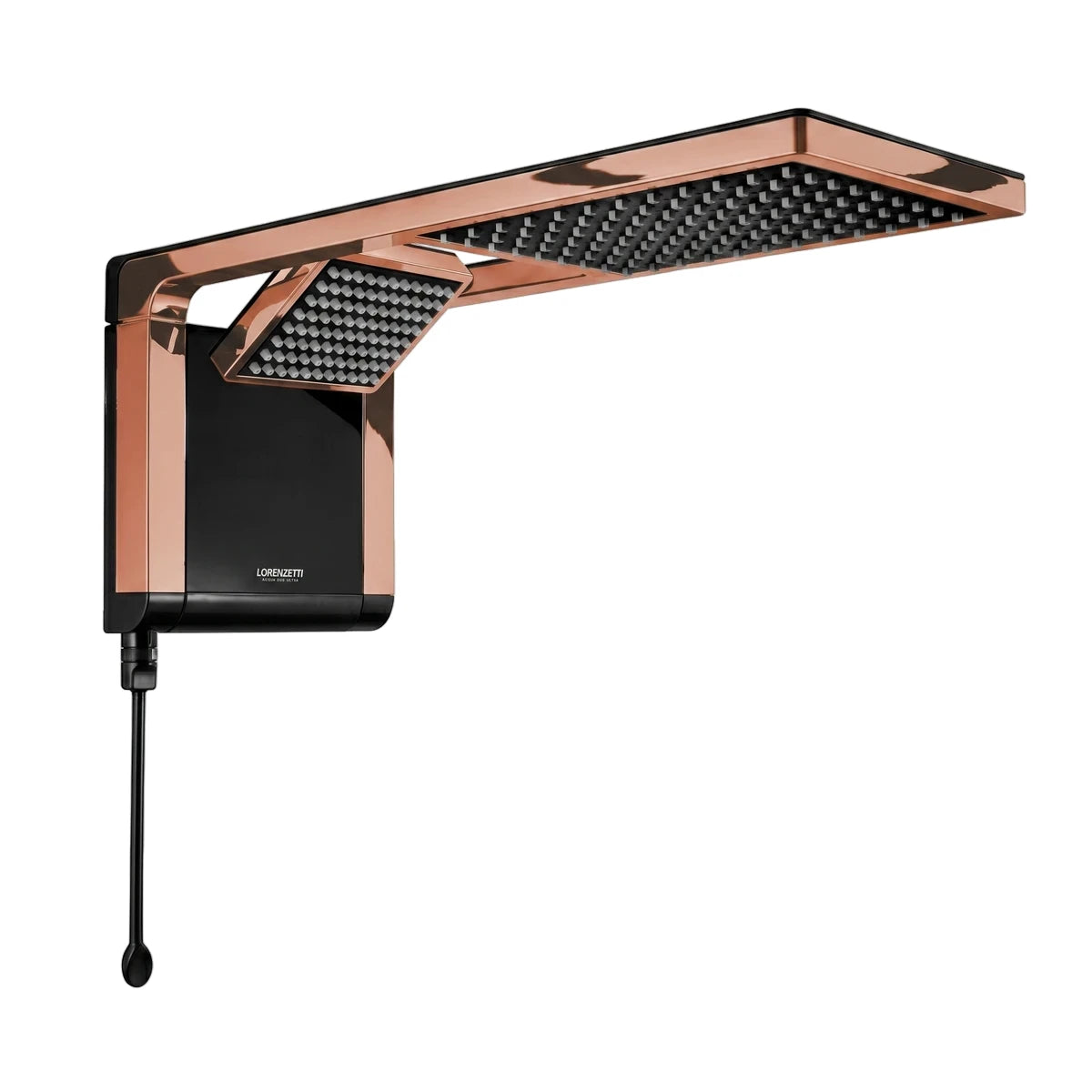 Lorenzetti Acqua Duo electric shower in elegant black and rose gold, featuring a sleek, modern dual shower head design.