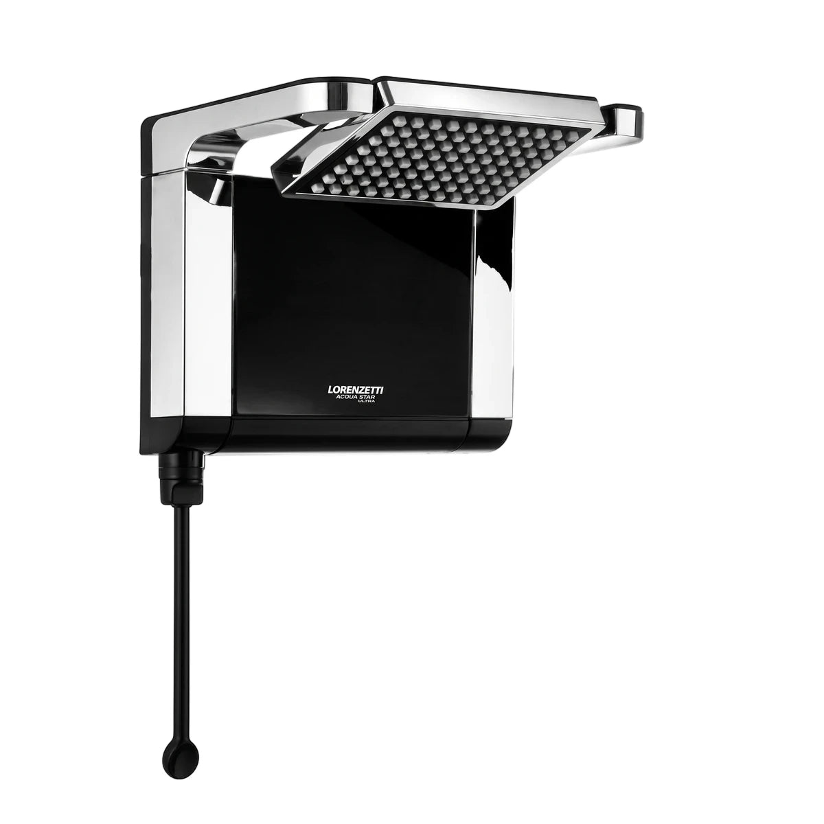 Lorenzetti Acqua Star electric shower head in black and chrome finish, featuring a modern design with a square shower plate.