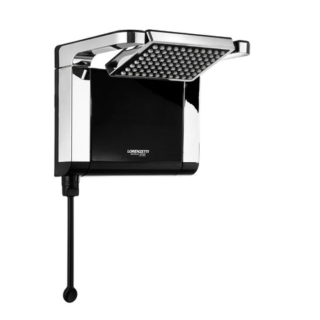 Lorenzetti Acqua Star electric shower head in black and chrome finish, featuring a modern design with a square shower plate.