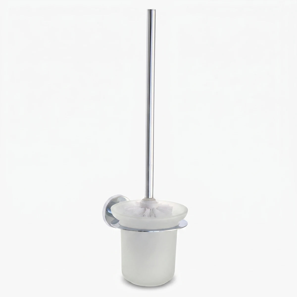 Los Angeles Toilet Brush Holder with a sleek chrome handle and a frosted glass container, designed for wall mounting.