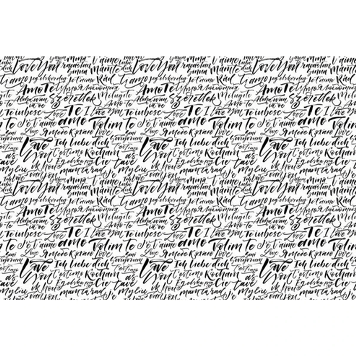 Love Language Decoupage Sheet featuring black and white calligraphy of 'I love you' phrases in multiple languages.