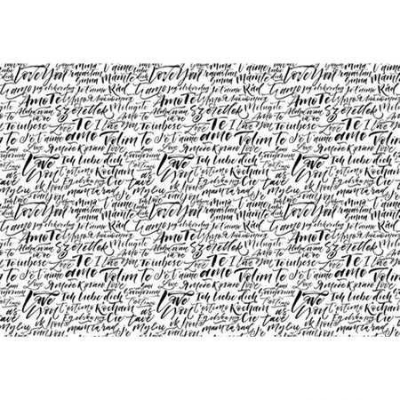 Love Language Decoupage Sheet featuring black and white calligraphy of 'I love you' phrases in multiple languages.