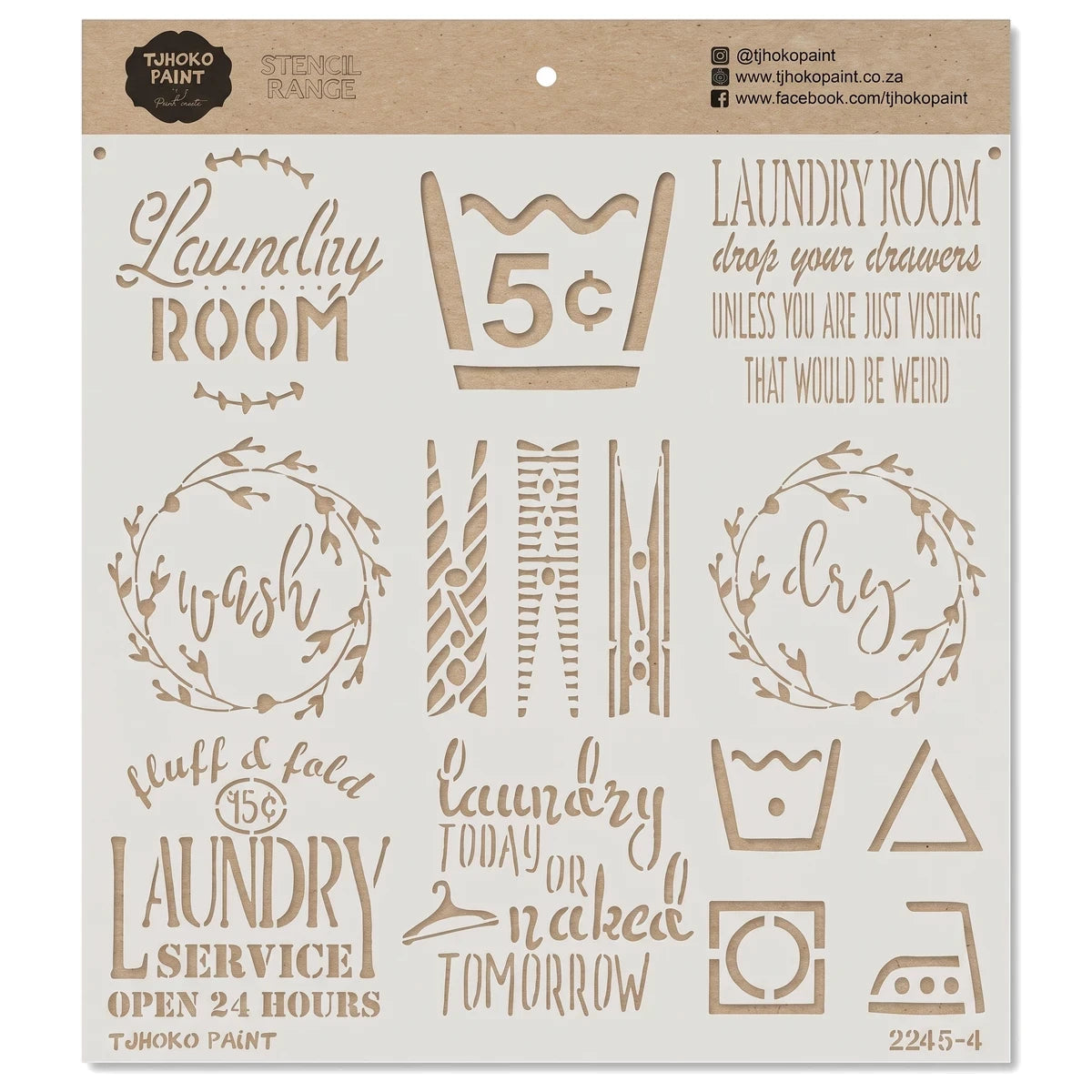 Lovely Laundry paint stencil sheet with various laundry-themed phrases and icons on kraft paper for home decor.
