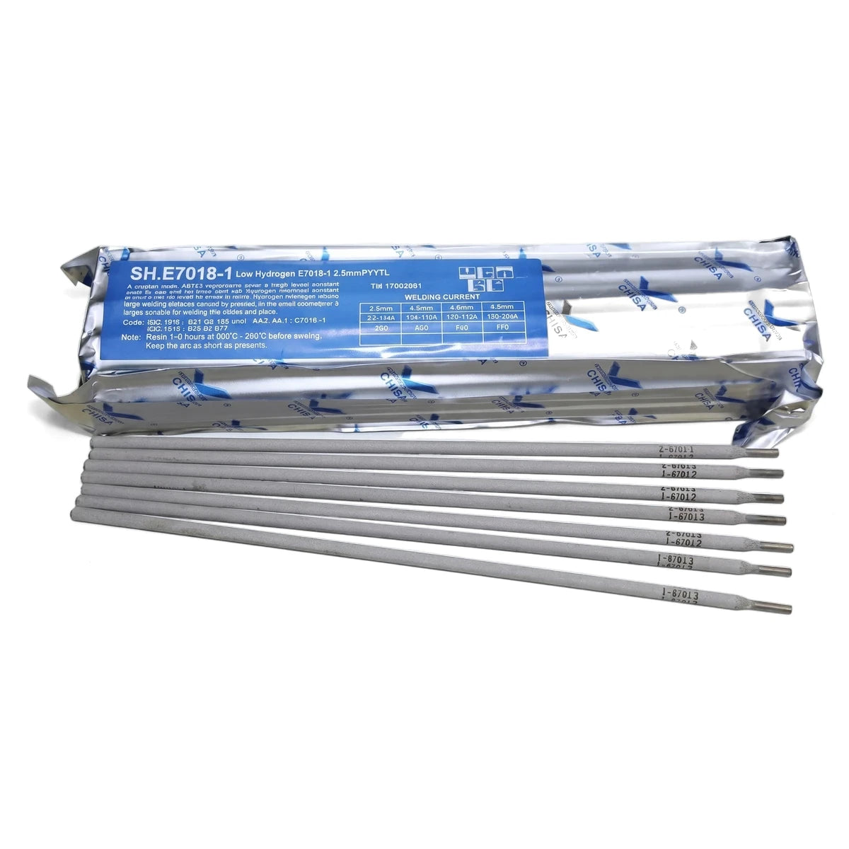 Packaged Low Hydrogen E7018-1 2.5mm welding rods, with several grey rods displayed in front of the blue and white packaging.
