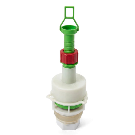 Low Level Toilet Flush Valve Only, featuring green, red, and white plastic components, designed for toilet tank repair and