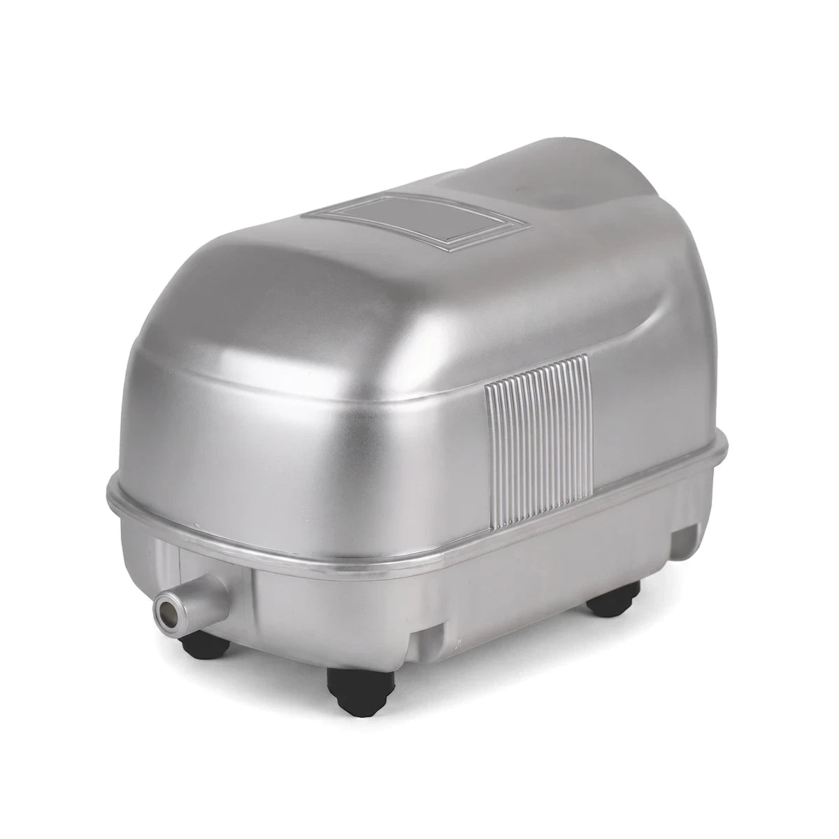 Lp-20 Aquarium Air Pump in silver, featuring a compact design with a front nozzle and small black feet, shown on a white