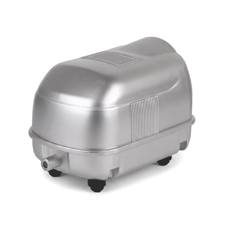 Lp-20 Aquarium Air Pump in silver, featuring a compact design with a front nozzle and small black feet, shown on a white