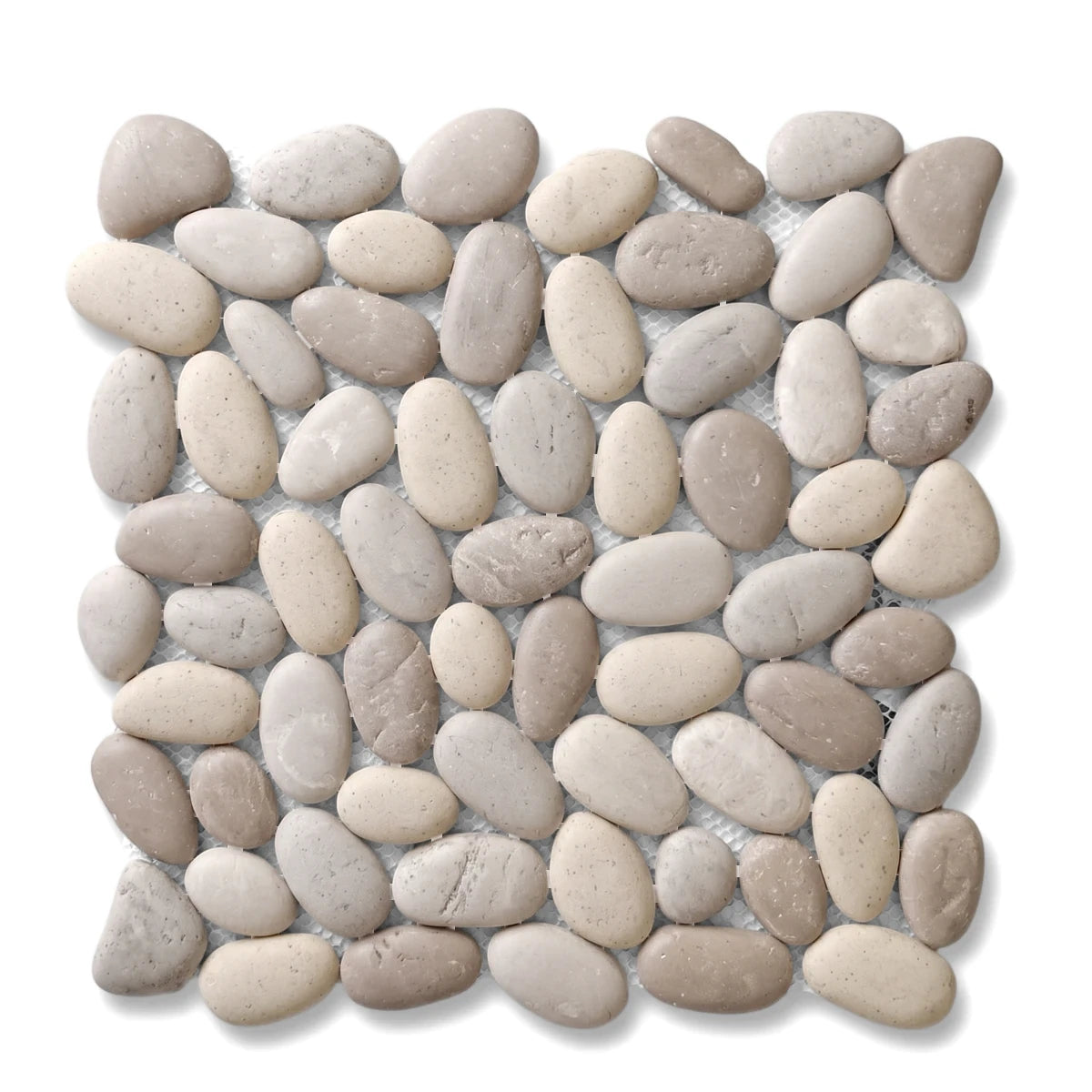 Luna Stone Pebble Mosaic Tile featuring various smooth, light gray and cream natural river stones arranged in a square mesh