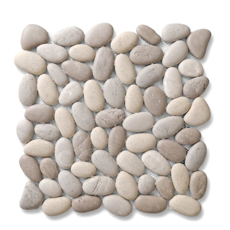 Luna Stone Pebble Mosaic Tile featuring various smooth, light gray and cream natural river stones arranged in a square mesh