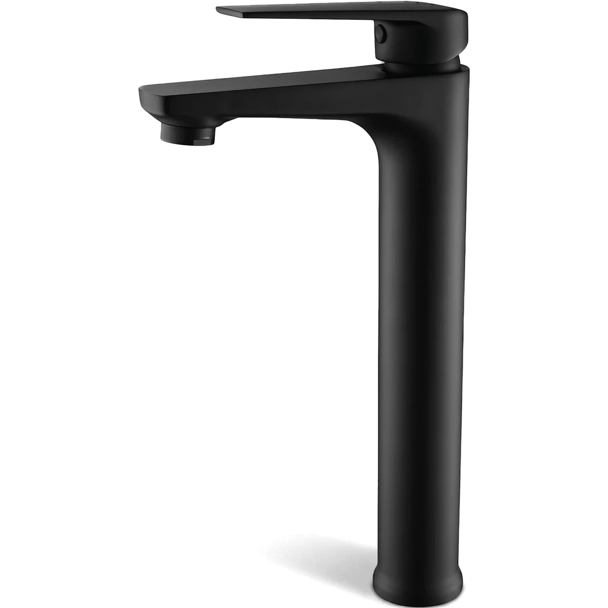 Modern matte black Lunalux tall basin mixer faucet with a flat spout and single lever handle, displayed from a front view.