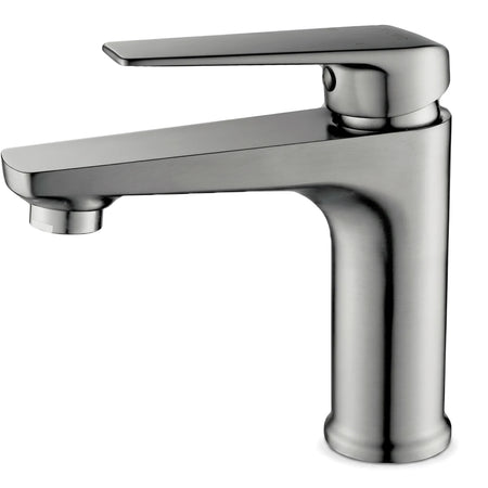 Stainless steel Lunalux basin mixer faucet with a modern design, featuring a flat lever handle and a brushed metal finish.