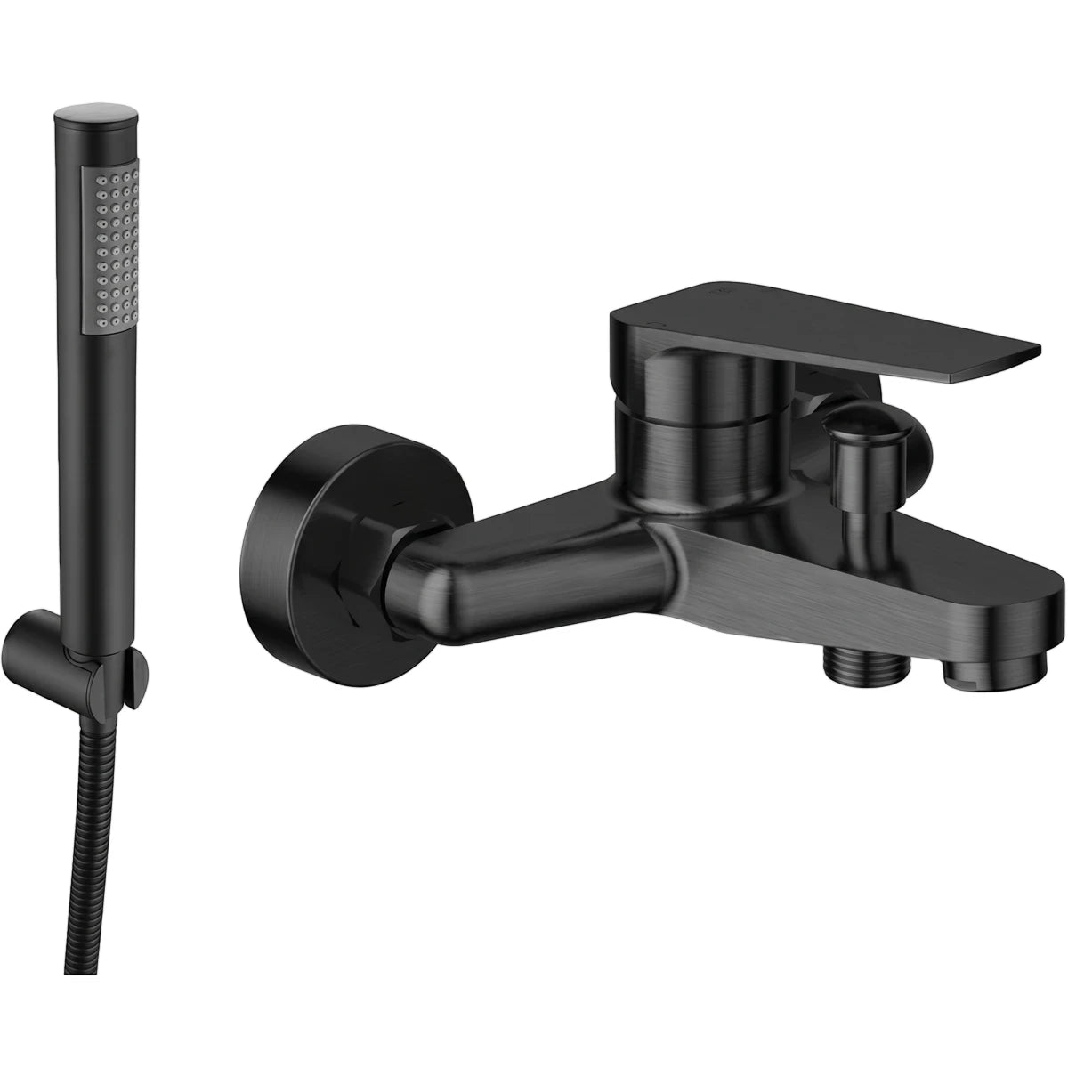 Lunalux black bath mixer and hand shower set, featuring a modern wall-mounted faucet and a sleek handheld showerhead.