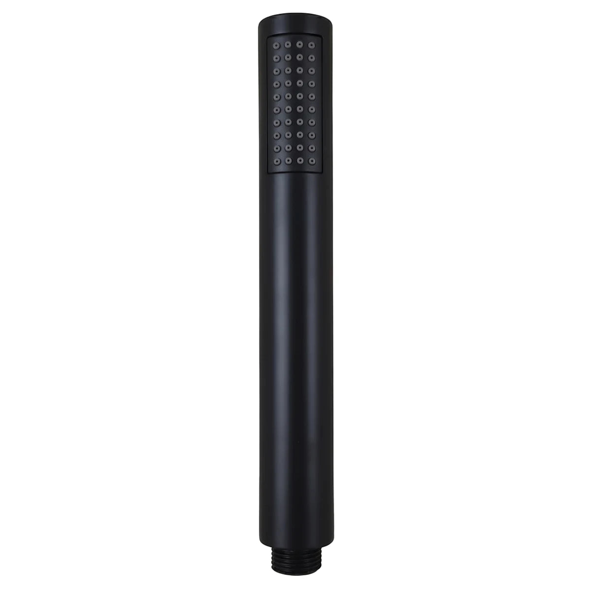 Matte black Lux Round Hand Shower, cylindrical design with a rectangular spray face featuring numerous small circular
