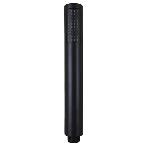 Matte black Lux Round Hand Shower, cylindrical design with a rectangular spray face featuring numerous small circular