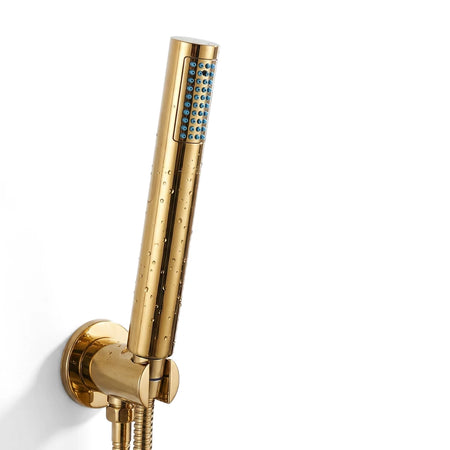 Lux Round Hand Shower in polished gold finish with blue nozzles, mounted on a white marble wall in a modern bathroom setting.
